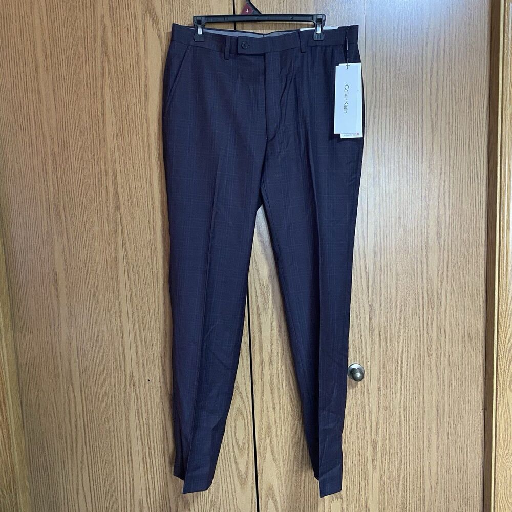 NWT Calvin Klein Men’s 34x32 Wool Blend Burgundy Plaid Dress Pants